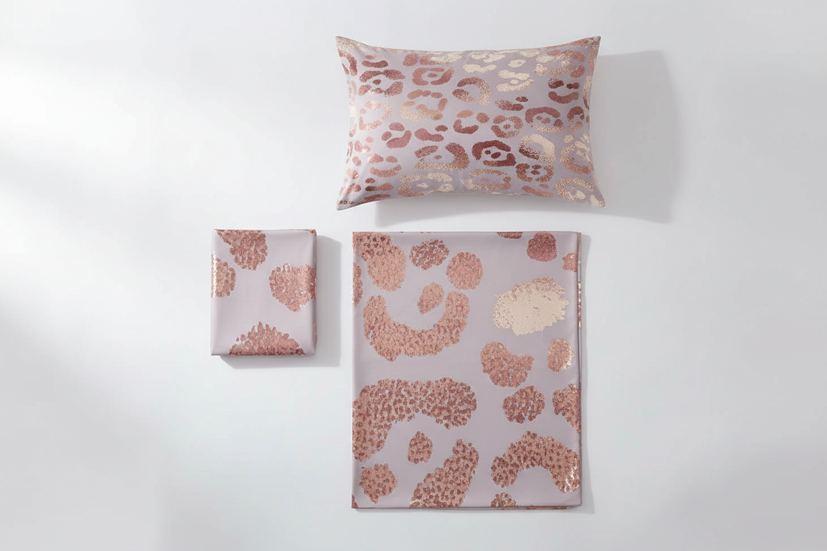 Rose gold leopard print 4-piece sheet set flat lay