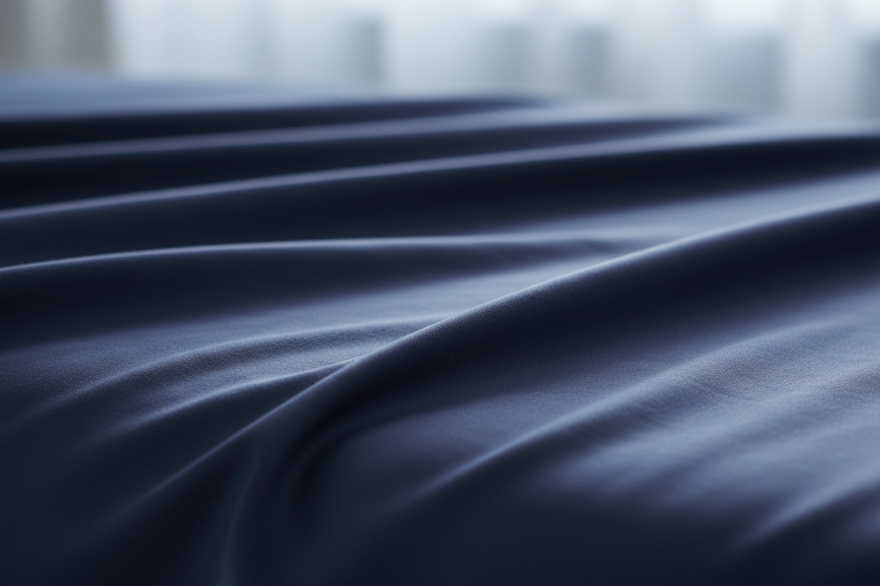 Navy bamboo blend twill weave sheet close-up showing silky cooling fabric texture