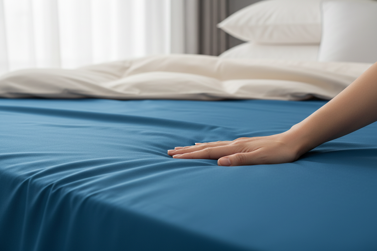 Close-up of peacock blue microfiber sheet texture