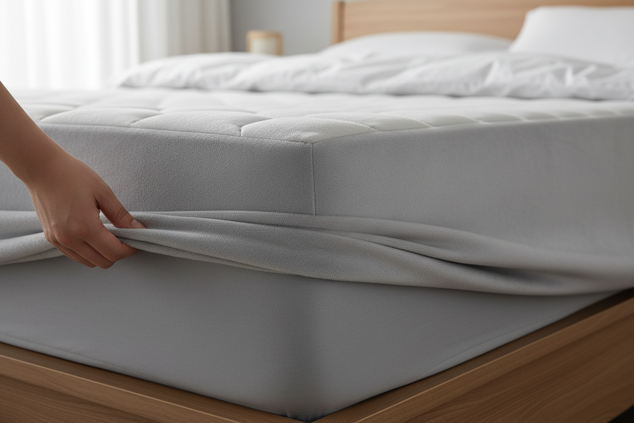 Light grey plush fleece fitted sheet corner being tucked onto mattress showing deep pocket and texture