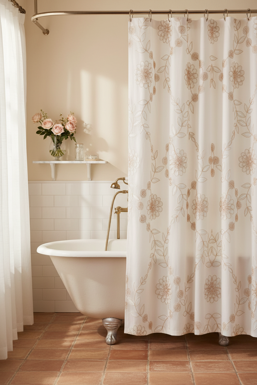 French country bathroom with rose vine shower curtain, clawfoot bath, brass fixtures and fresh roses