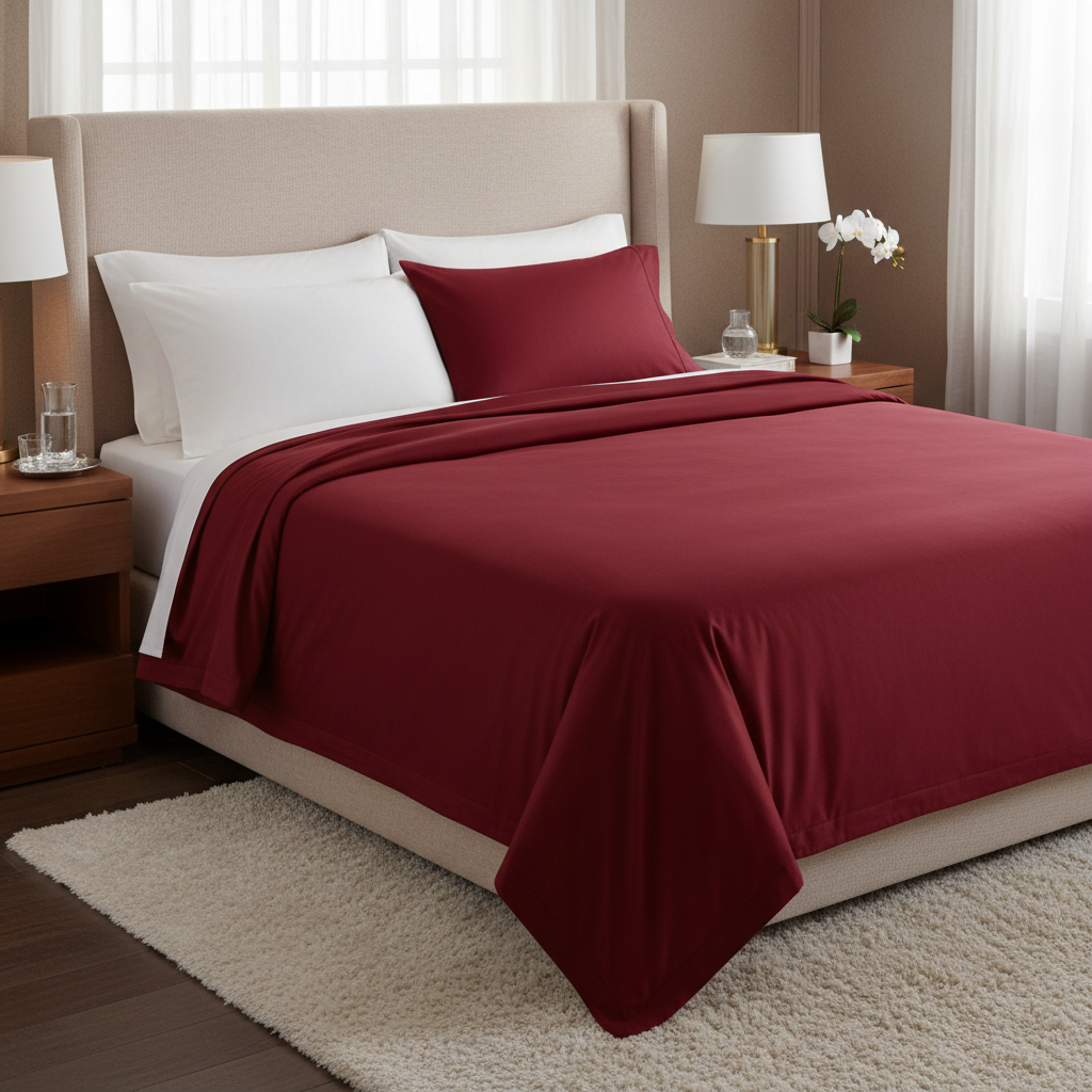 400TC Long-Staple Cotton Super King Sheet Set Rio Red - front view on made bed