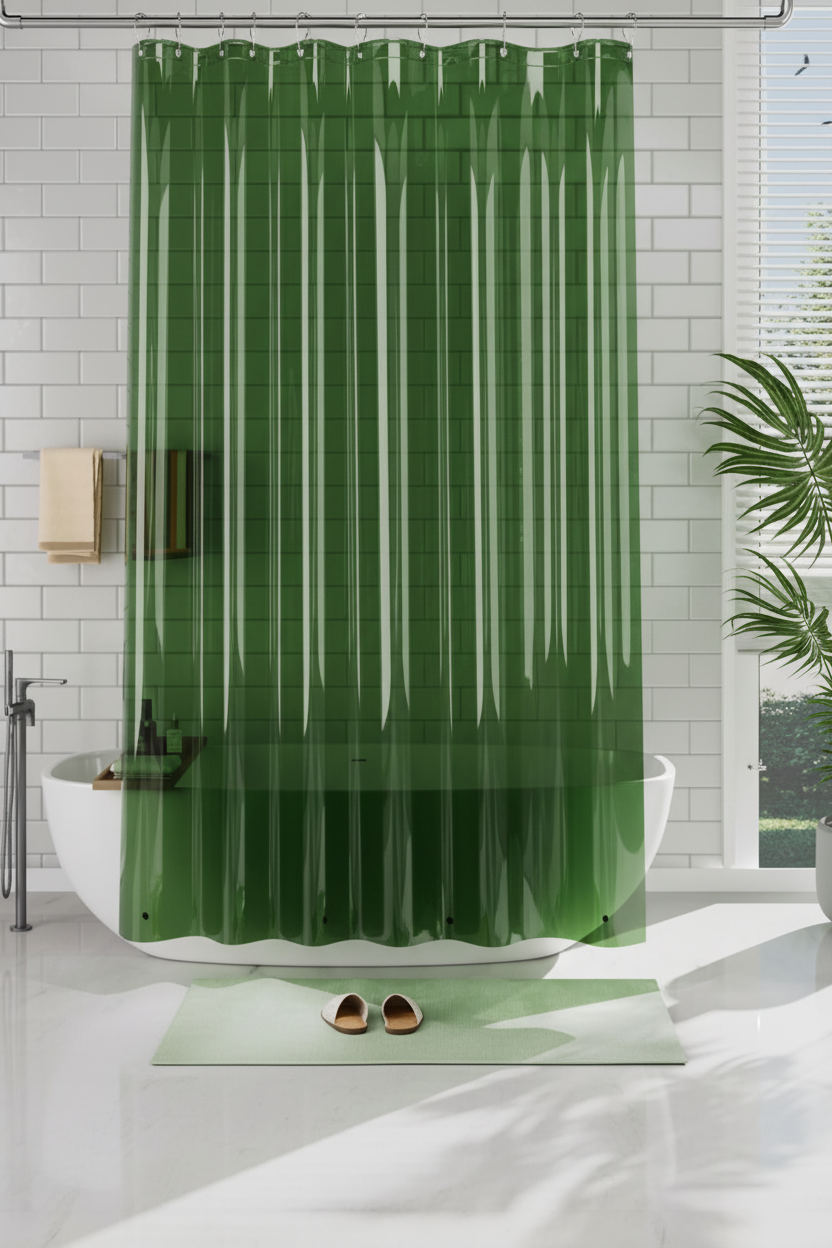 Semi-transparent pine green PEVA shower curtain liner hanging in a bright modern bathroom with white subway tiles and tropical plants