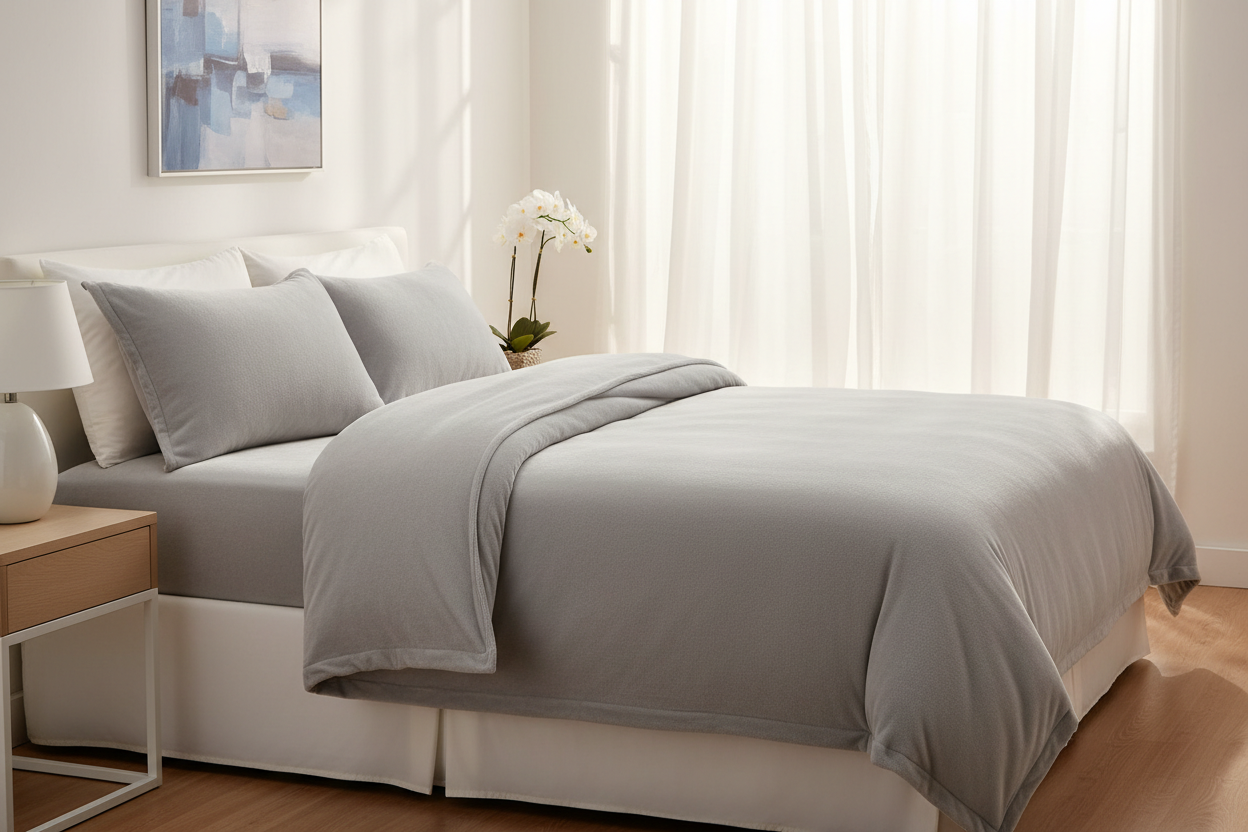 Light grey short plush fleece sheet set on a neatly made double bed, soft morning light, luxury minimal bedroom