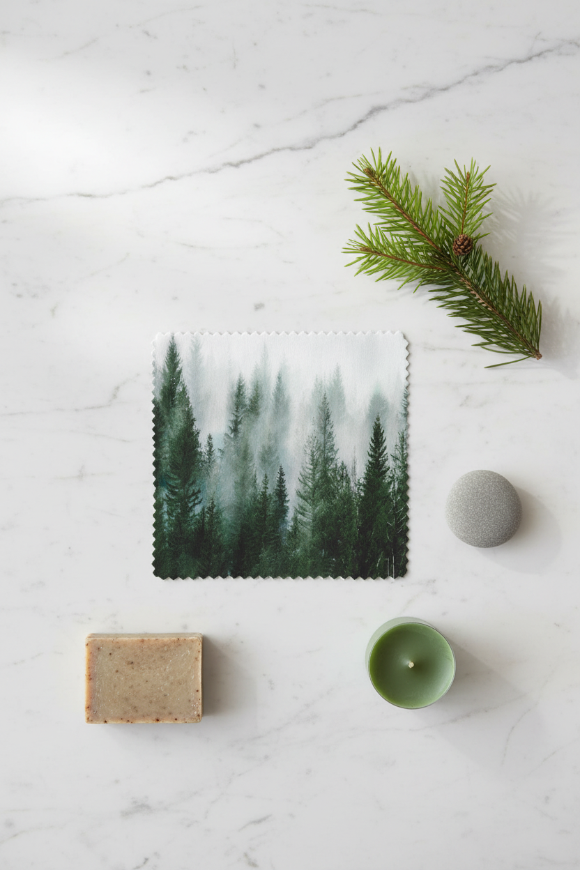Forest flat lay with pine sprig, pebble, green candle and soap on marble surface