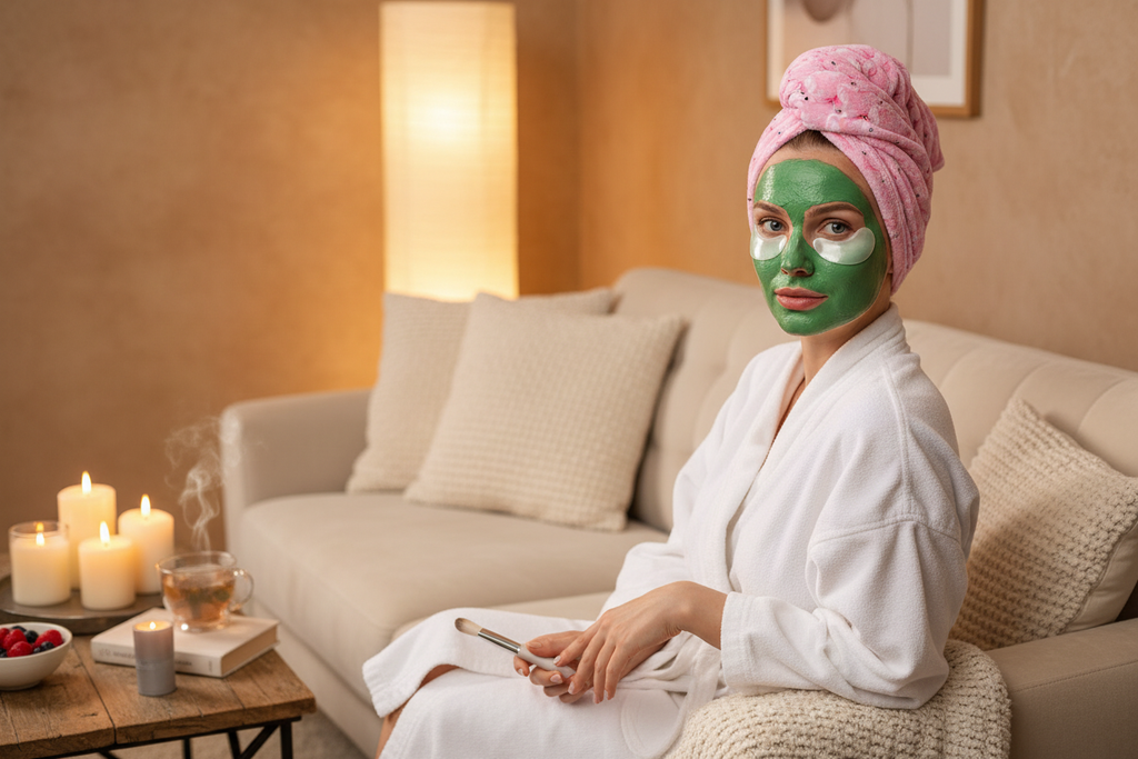 Pink flamingo hair turban wrap - woman doing face mask on sofa during spa evening