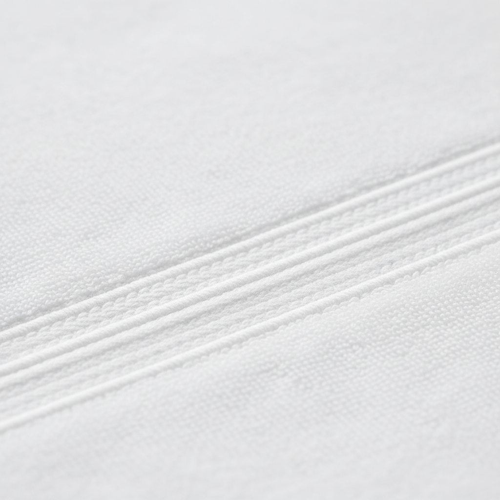 Close-up of white Turkish cotton bath sheet showing 550 GSM terry weave and triple-stripe border detail