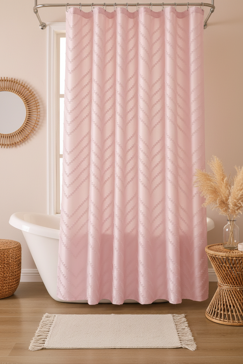 Blush pink chevron shower curtain in a boho bathroom with rattan accessories and pampas grass showing full 96 inch length