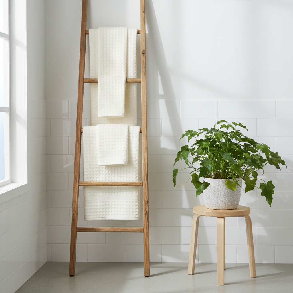 Cream white waffle weave cotton towels hanging on wooden ladder rack in minimal bathroom