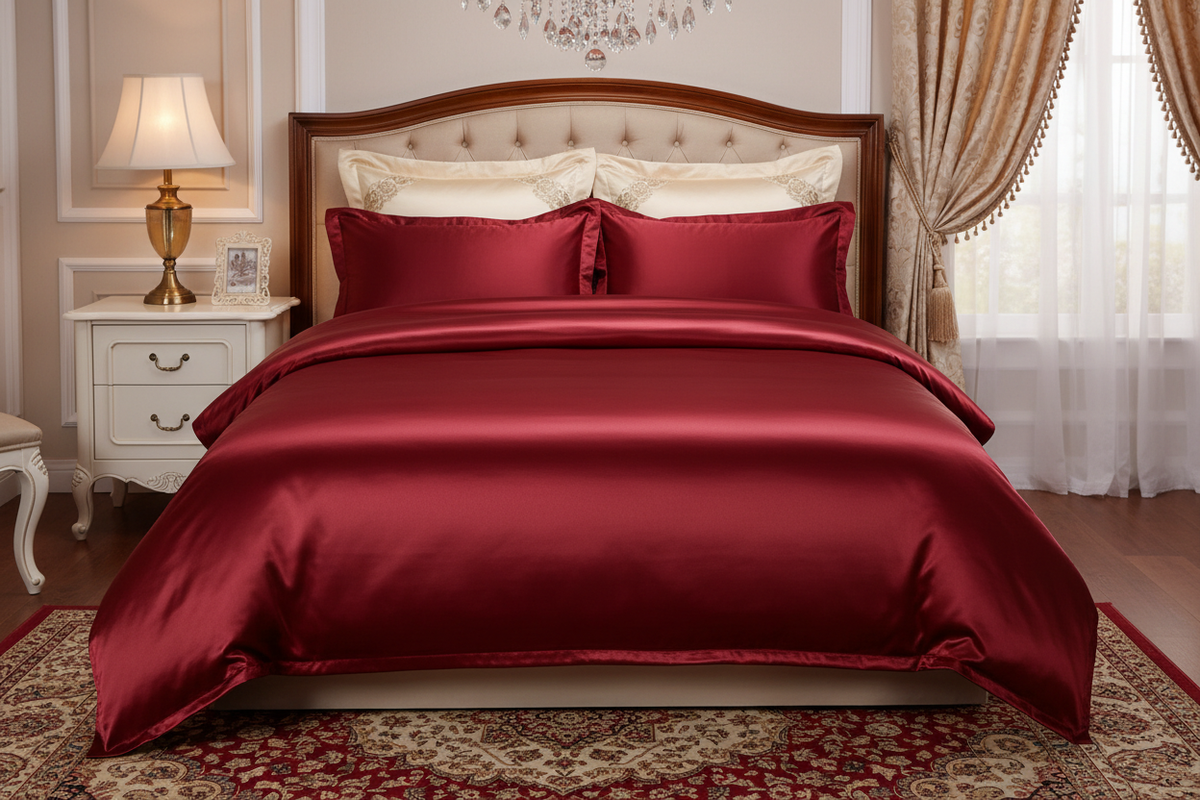 Red satin comforter set front-facing view on a neatly made bed in an elegant European-style bedroom