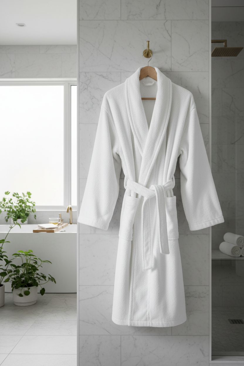 White super-plush Turkish cotton bathrobe hanging in spa bathroom