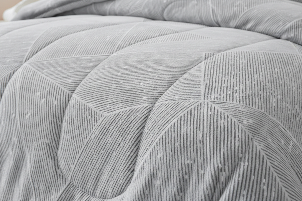 Close-up of light grey geometric striped faux fur comforter showing polygonal pattern and plush texture