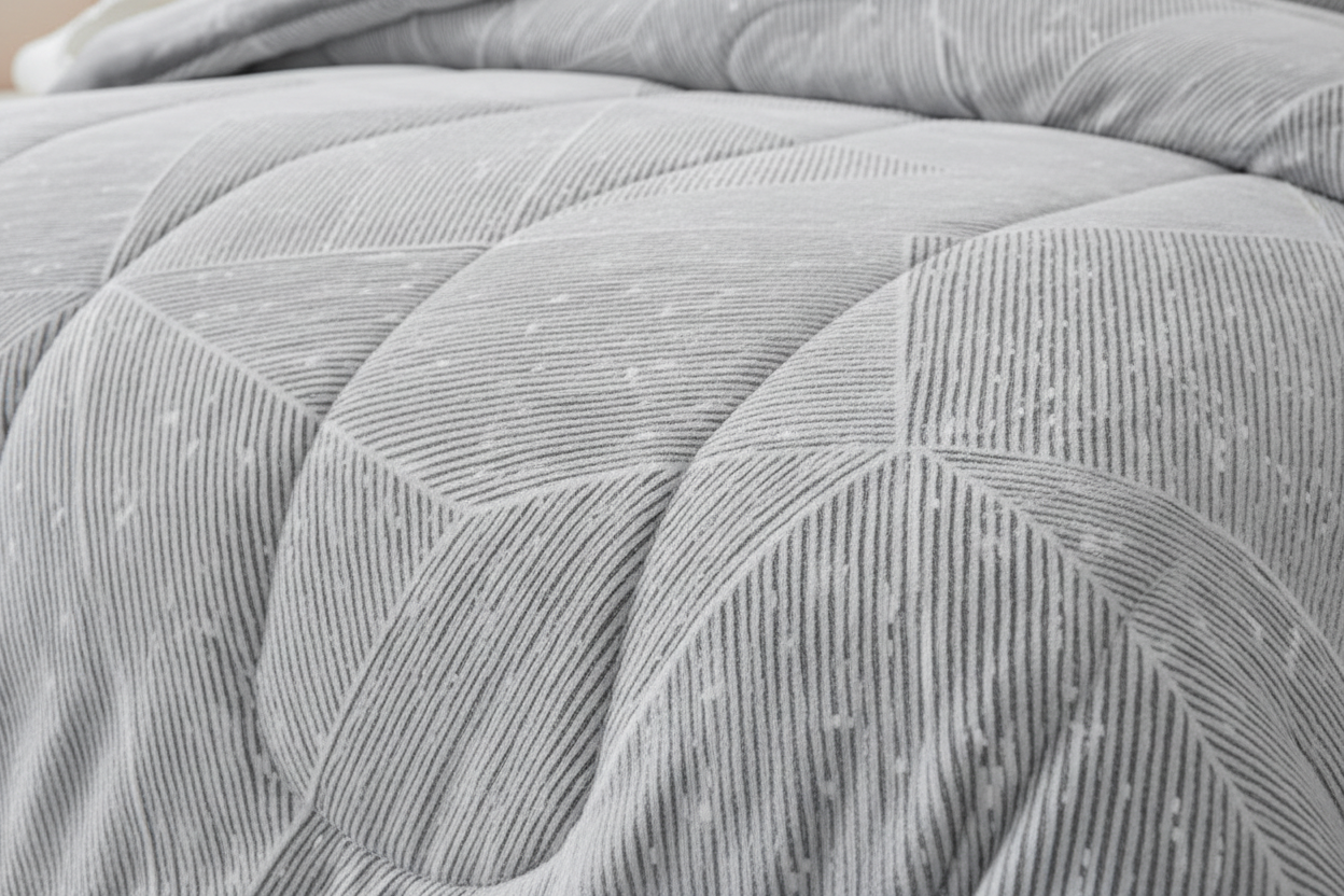 Close-up of light grey geometric striped faux fur comforter showing polygonal pattern and plush texture