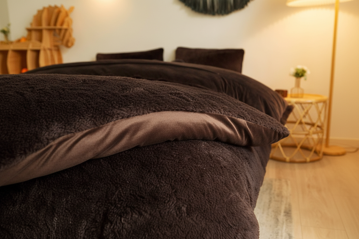 Faux fur duvet cover folded back showing contrast between dark brown long-pile front and smooth velvet reverse