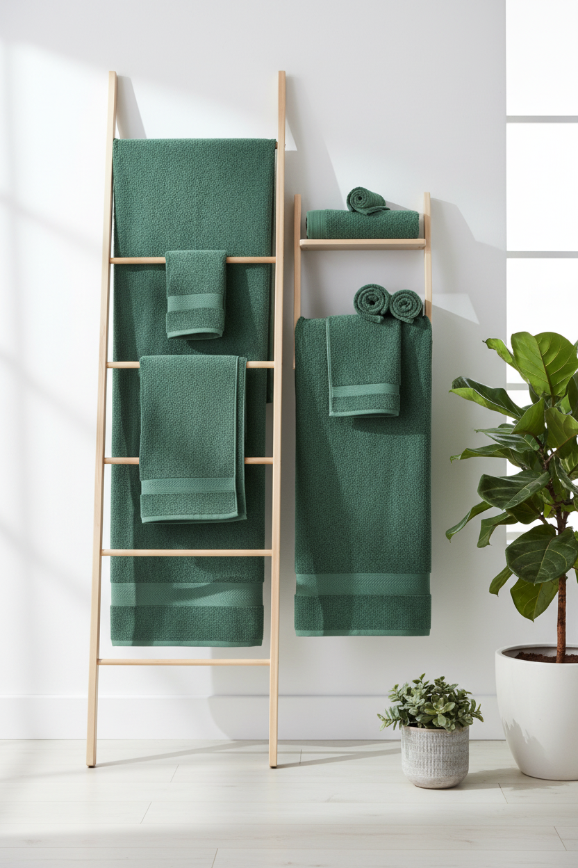 Hunter green popcorn textured cotton bath towels draped over wooden ladder rack