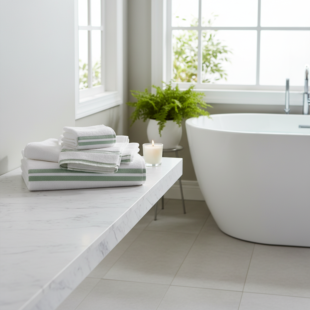 White and sage green towels on marble shelf in luxury spa bathroom with freestanding bath