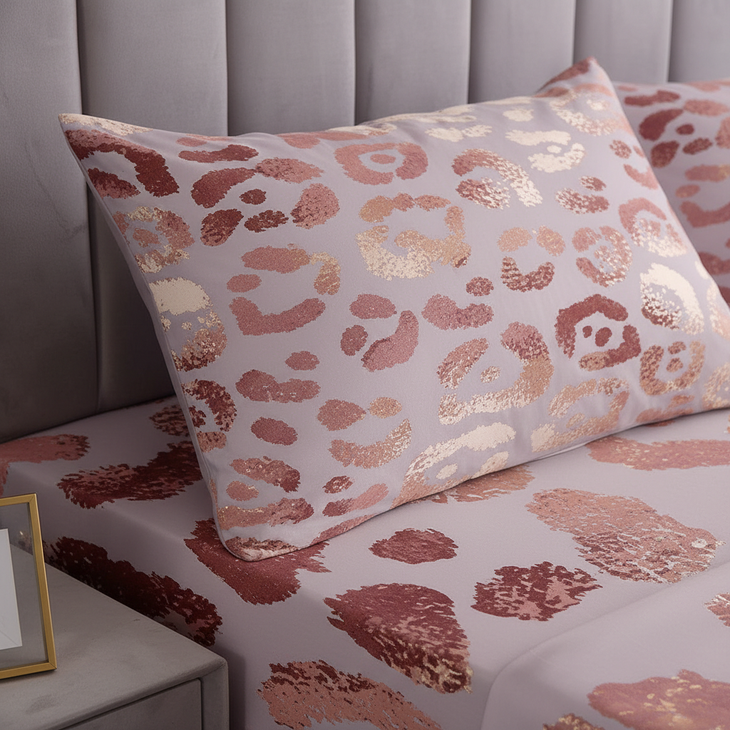 Close-up of rose gold leopard print pillowcase detail