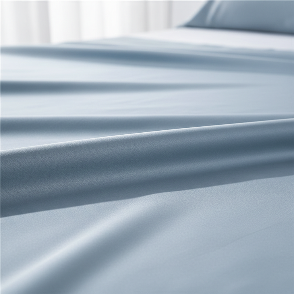 Powder blue cotton satin sheet fabric close-up
