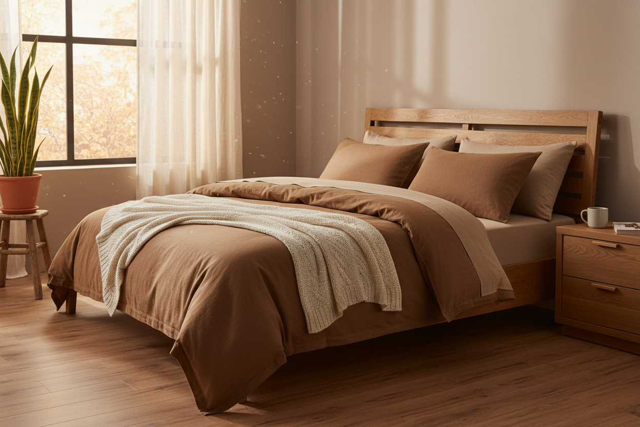 Brown washed cotton duvet cover set on a super king bed in a bright bedroom with autumn light