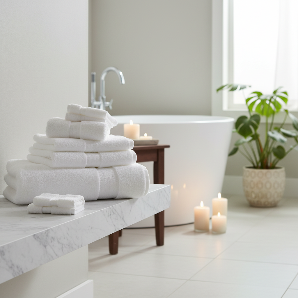 Plush white towels on marble shelf in luxury hotel spa bathroom