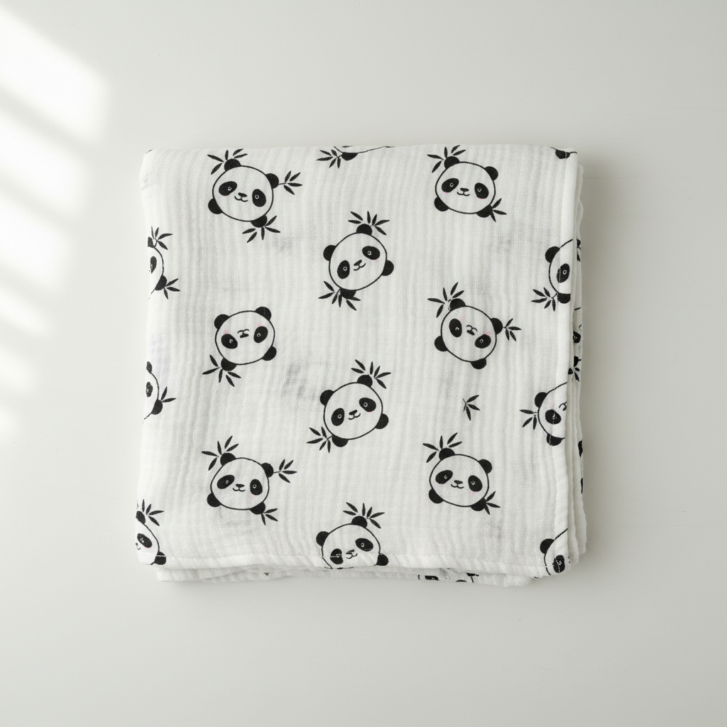 Gauze Cotton Baby Towel - Black and White Panda flat lay