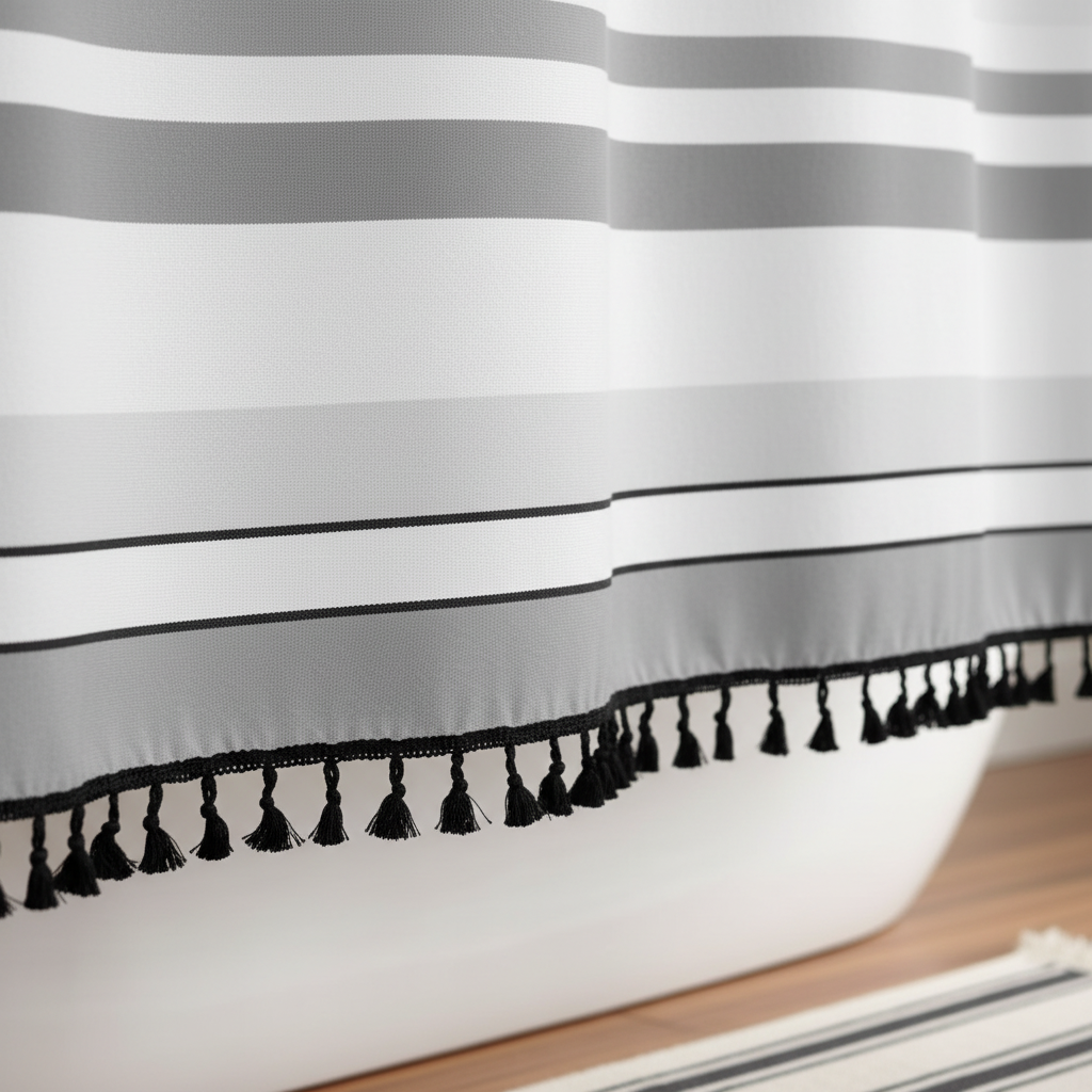 Close-up of grey and white horizontal stripe panel on lower third of shower curtain with black tassel fringe at hem