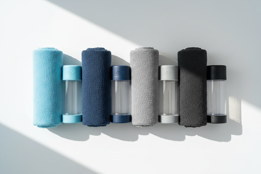 Swim Chamois Towels 4-Pack flat lay with storage tubes in blue, navy, gray and black