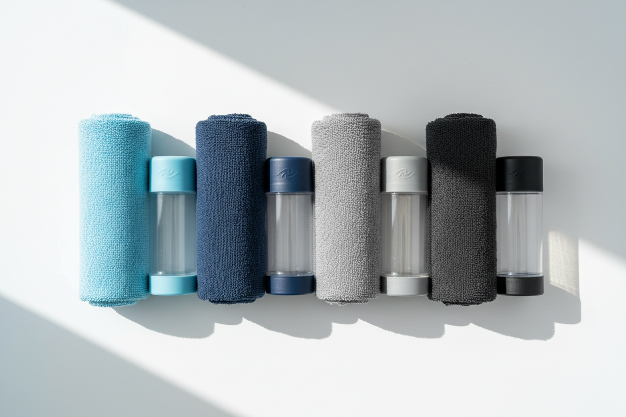 Swim Chamois Towels 4-Pack flat lay with storage tubes in blue, navy, gray and black