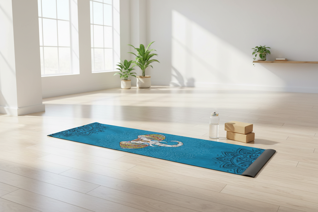 Teal blue mandala elephant yoga towel laid flat on a yoga mat in a bright studio