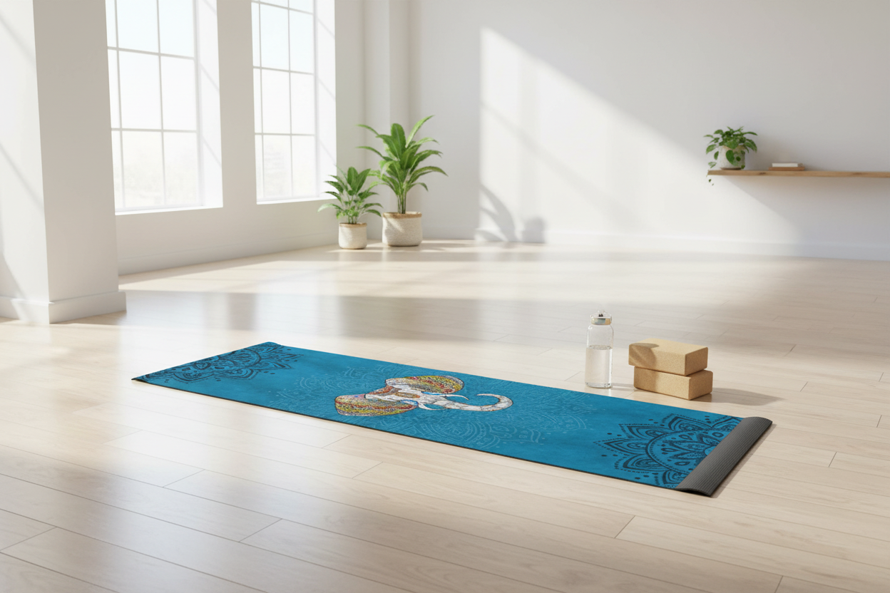 Teal blue mandala elephant yoga towel laid flat on a yoga mat in a bright studio