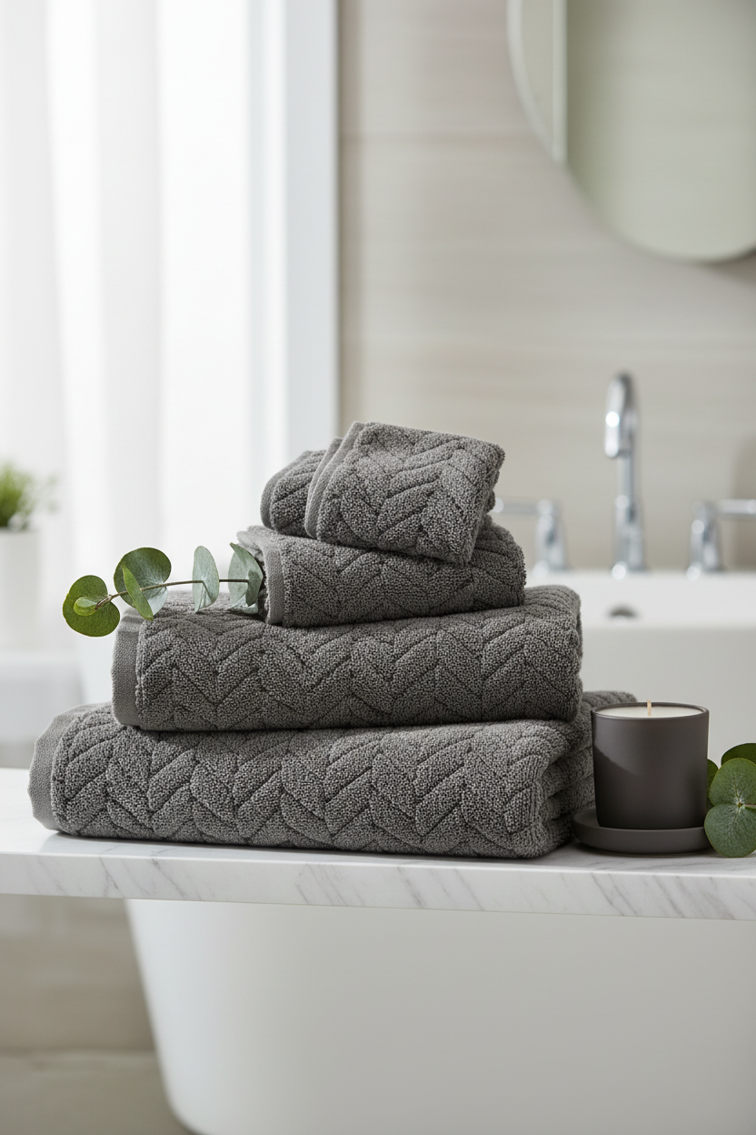 Charcoal grey chevron weave microfiber bath sheets and towels stacked on marble shelf with eucalyptus