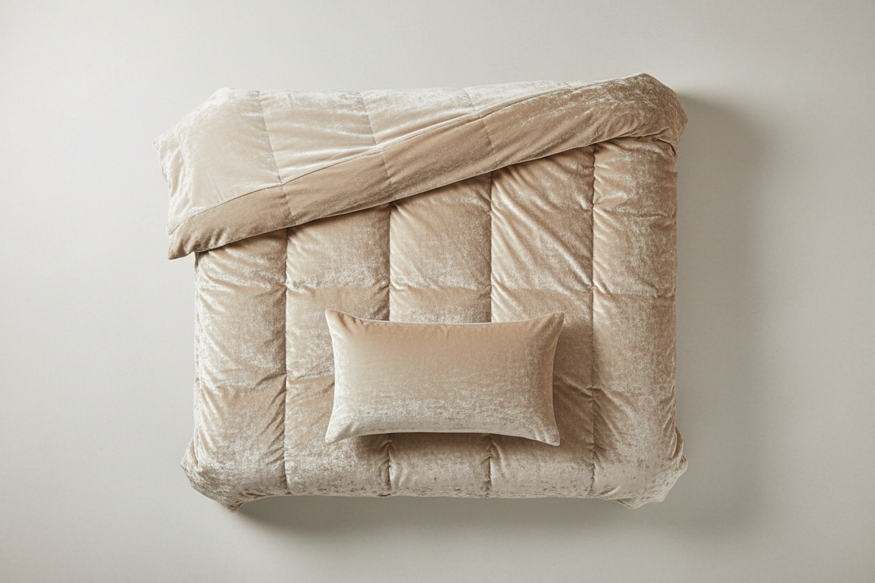 Flat lay of champagne crushed velvet comforter set with pillow shams on a light neutral background