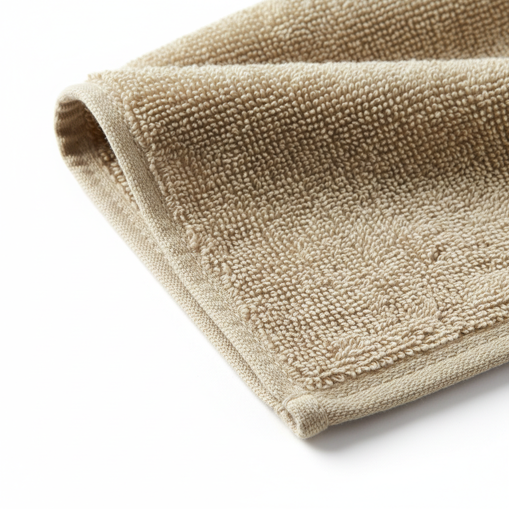 Close-up of beige 700 GSM long-staple combed cotton bath towel showing plush terry texture and double-stitched edge