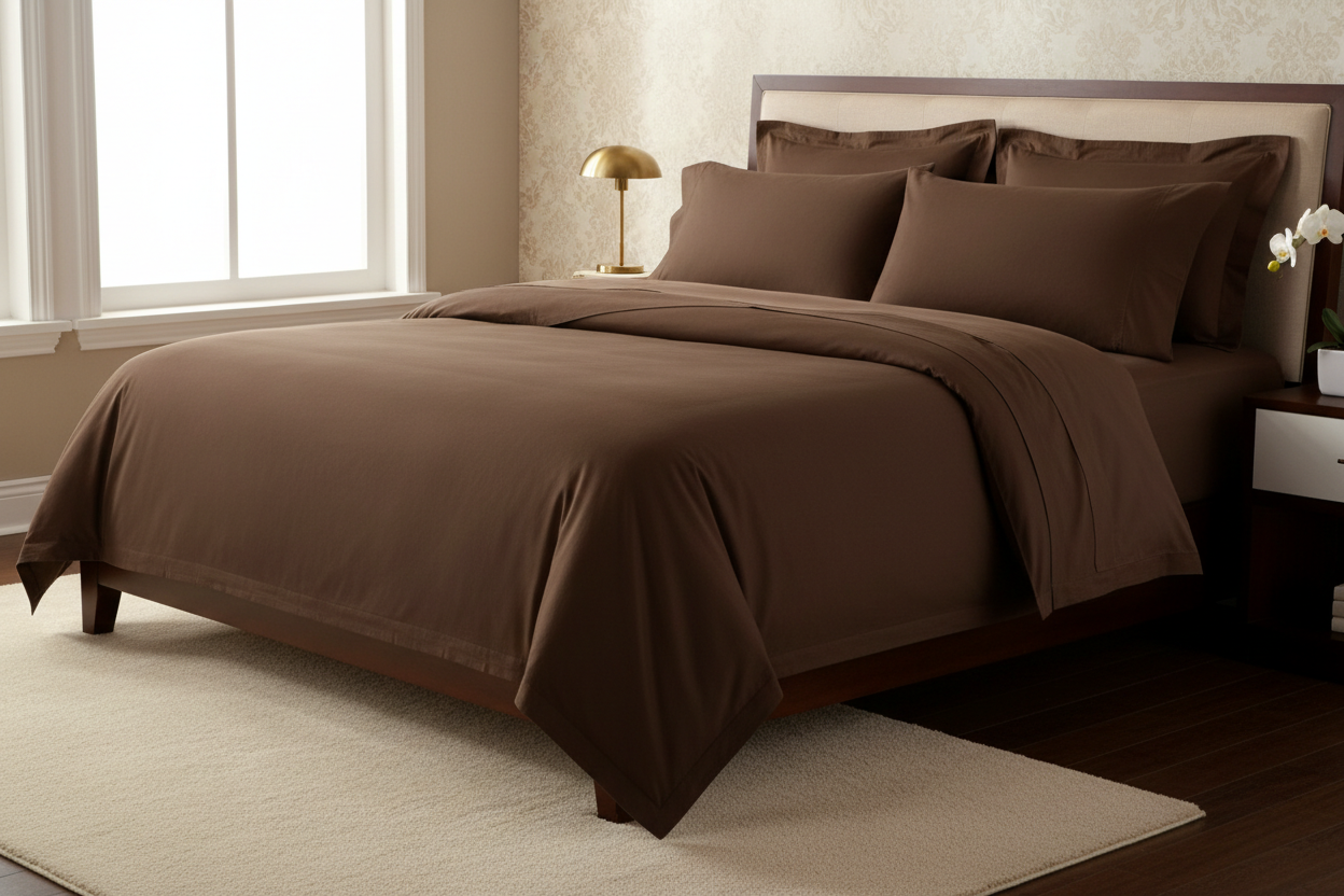 Chocolate Egyptian Cotton Bed Sheets - side angle view