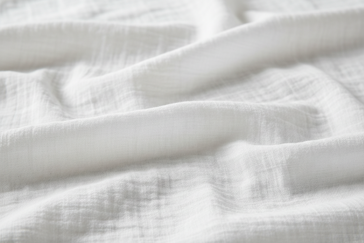Close-up of white cotton muslin fabric showing natural crinkle weave texture