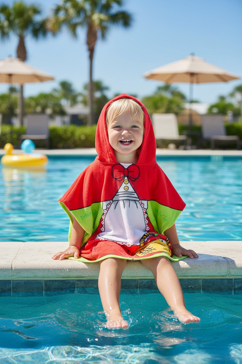 Little Red Riding Hood kids hooded poncho towel - toddler sitting at poolside