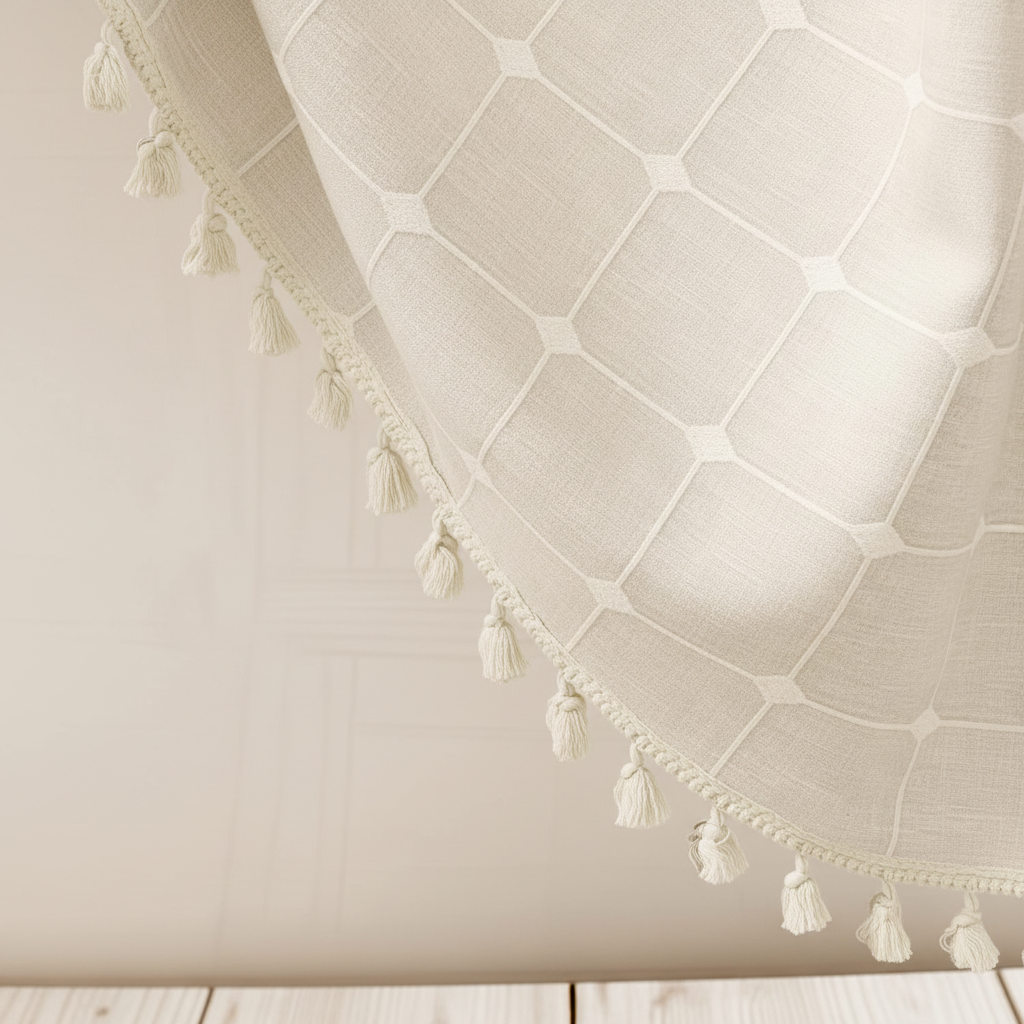 Close-up detail of boho shower curtain fabric texture and pom-pom tassels