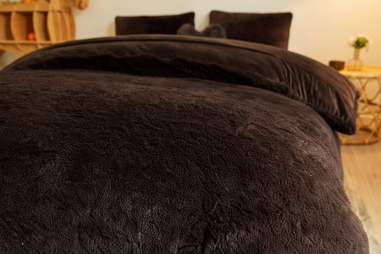 Close-up of dark brown long-pile faux fur duvet cover showing 45mm fluffy espresso pile texture