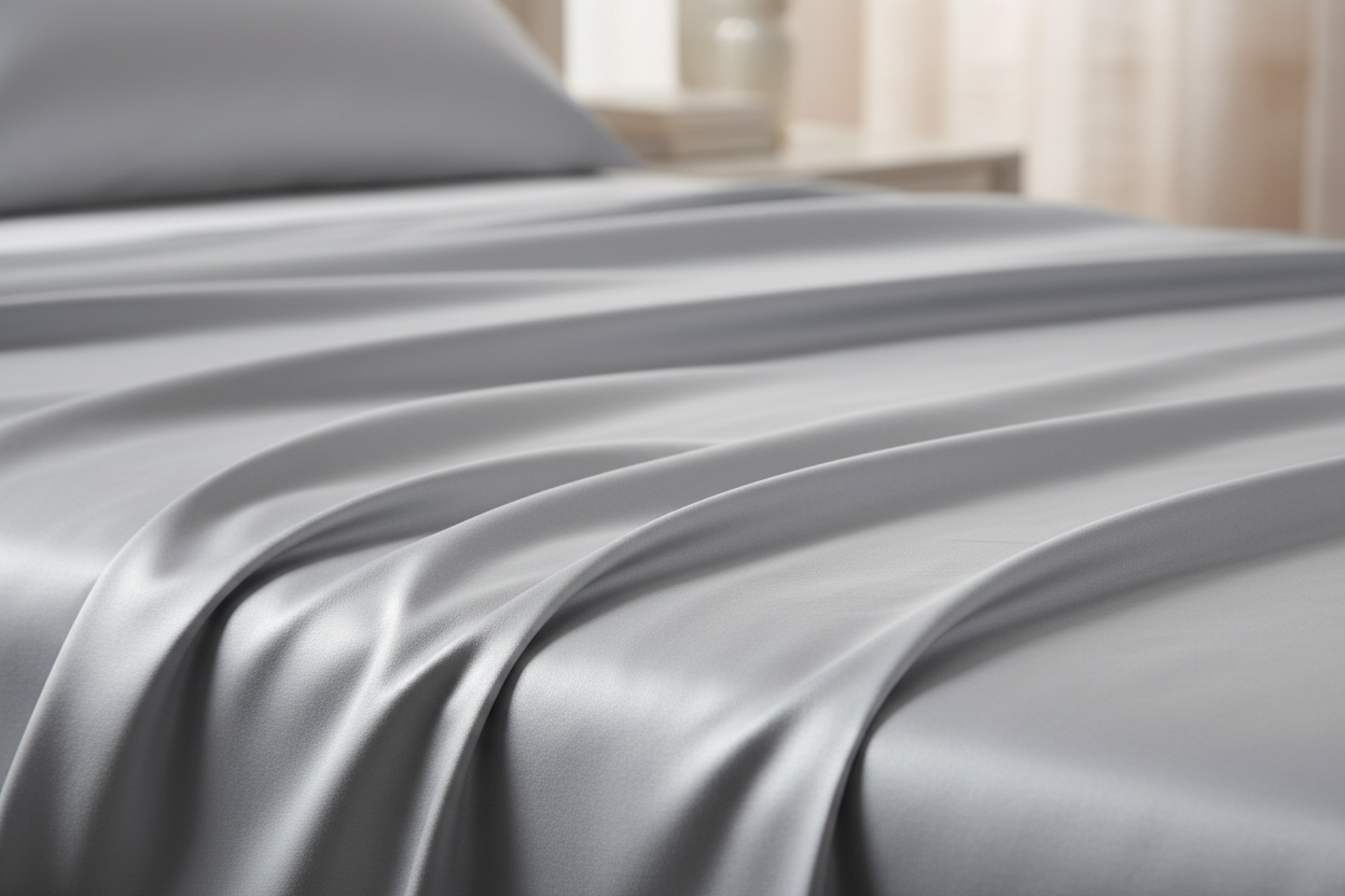 Silver Egyptian cotton 1000 thread count sateen sheet close-up fabric texture detail