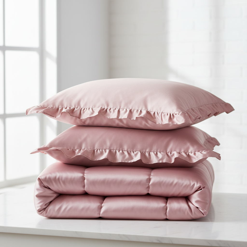 Neatly folded pink satin ruffle comforter set with pillowcases and cushion cover on display
