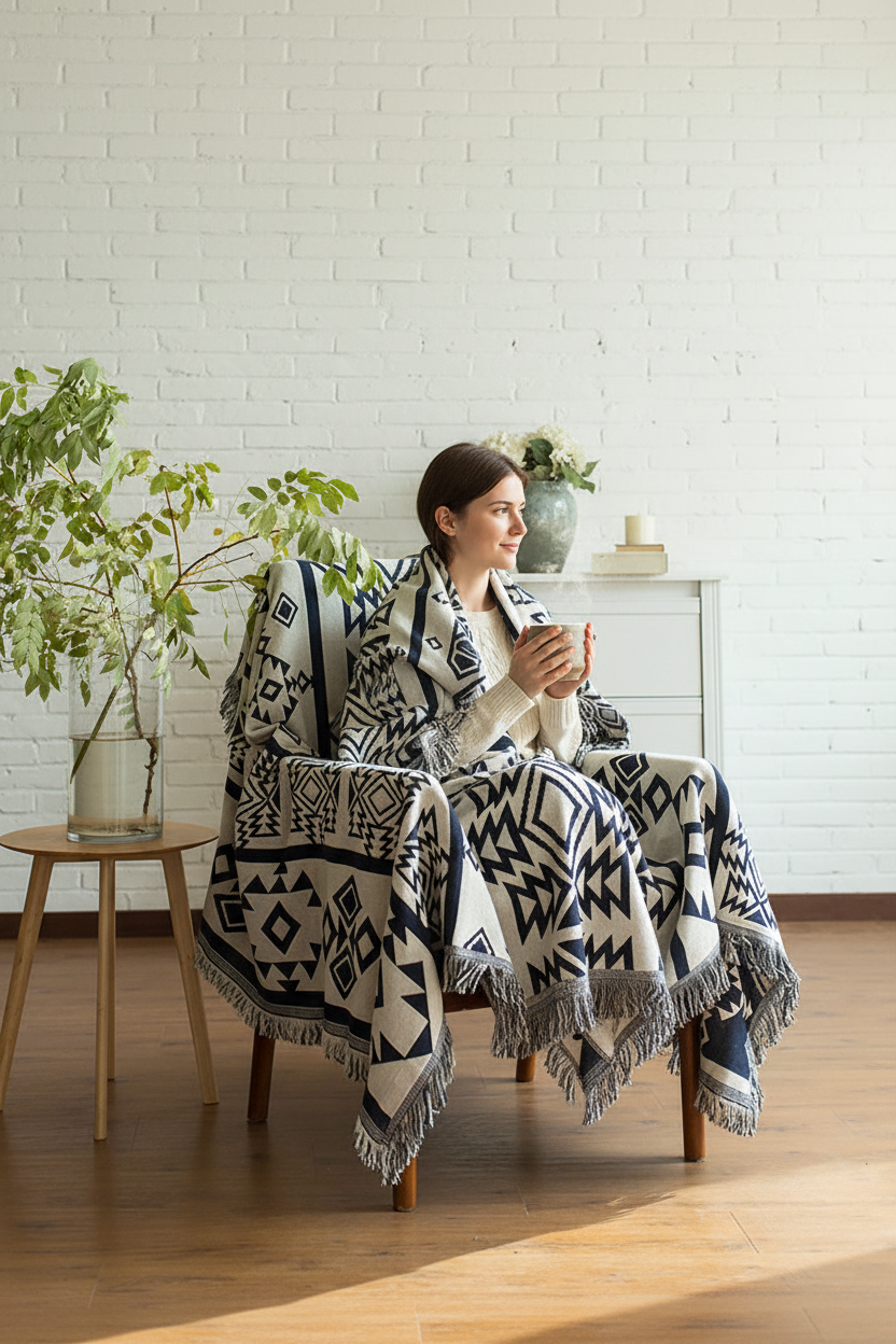 Woman wrapped in Dawn Nordic Knitted Throw Blanket sitting in an armchair with a warm drink
