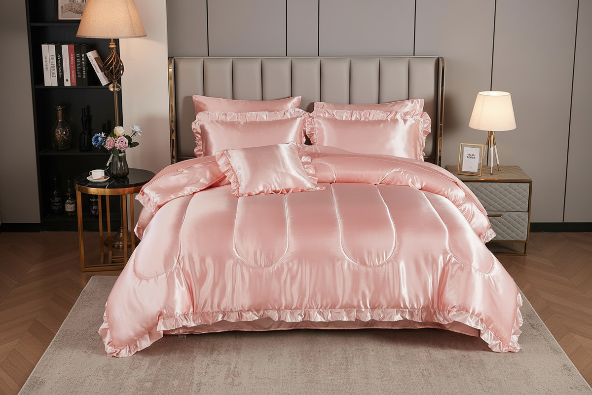 Pink satin ruffle comforter and sheet set styled on a king bed, front-facing luxury bedroom scene