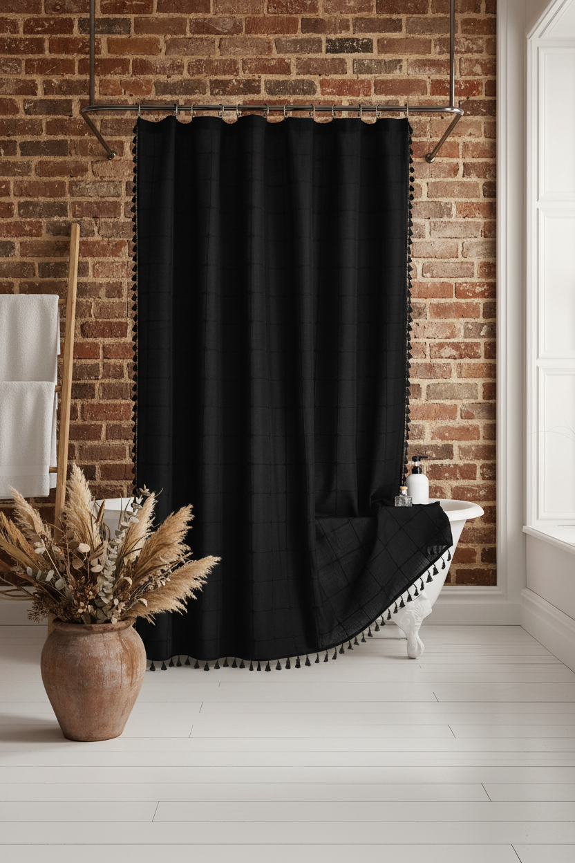 Boho farmhouse bathroom with black tassel shower curtain, exposed brick and dried botanicals
