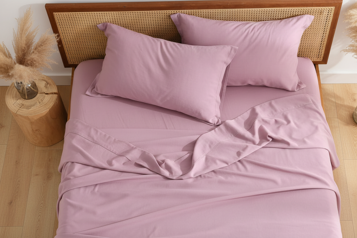 Lilac bamboo cotton linen blend sheet set top-down angle on king bed with rattan headboard