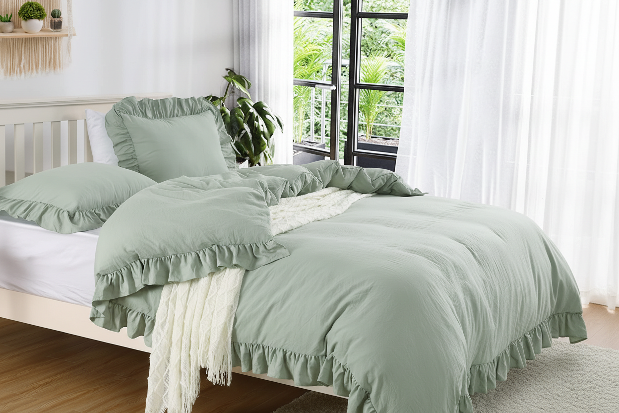 Sage Ruffle Duvet Cover Set - Hero Shot