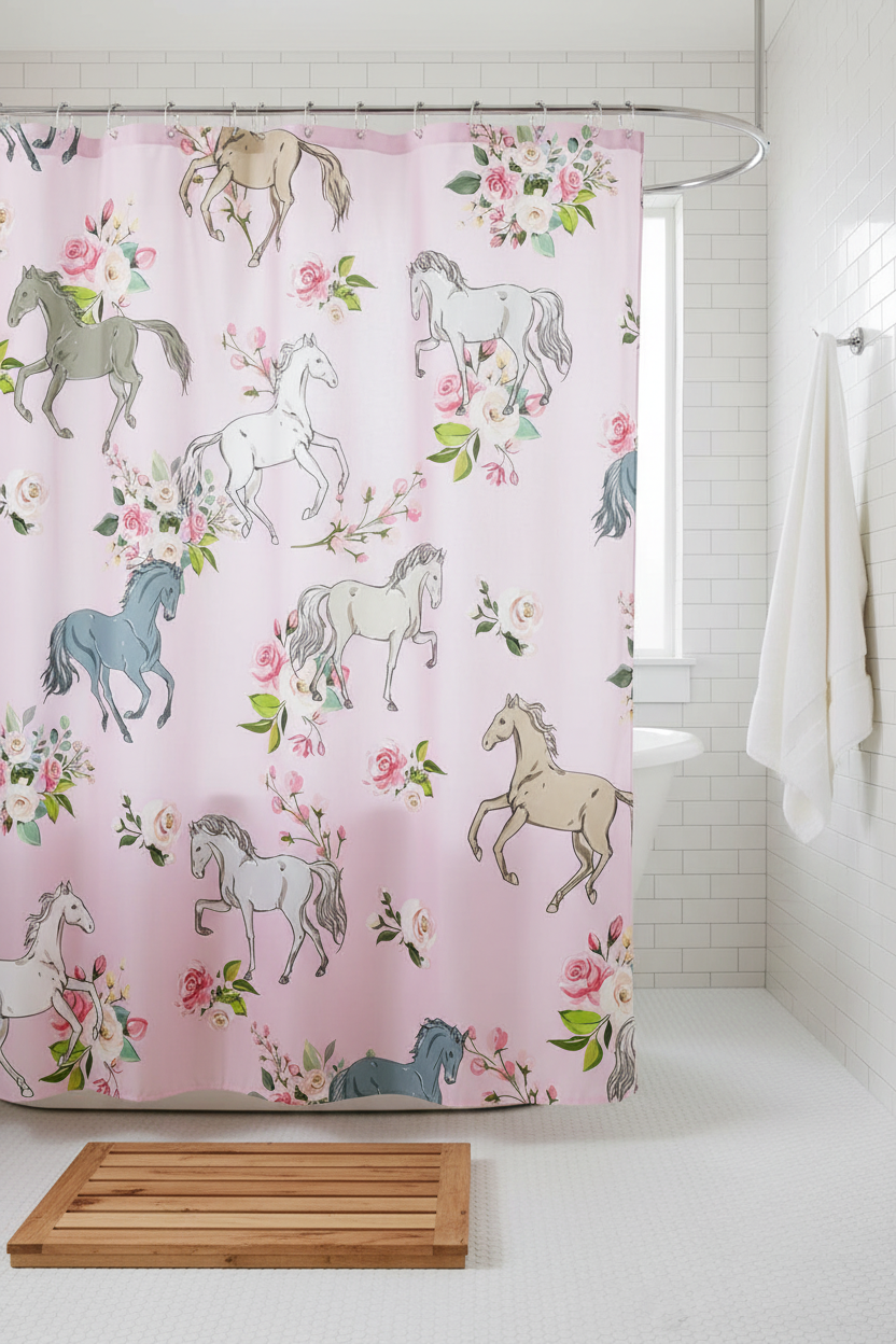 Pink horse and floral print shower curtain in a bright white bathroom with curved shower rod and white subway tiles