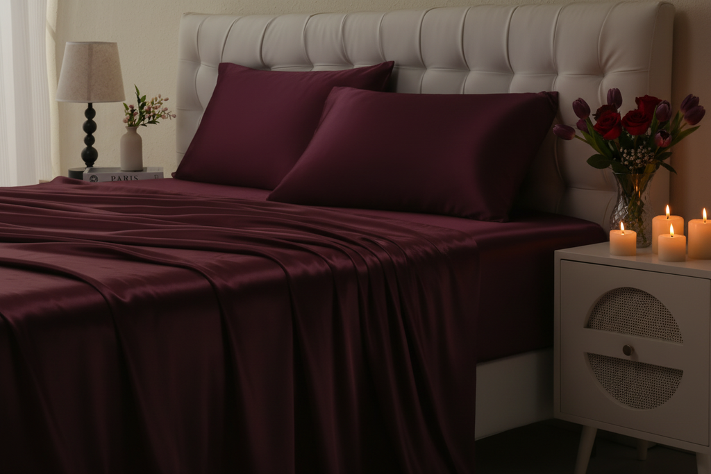 Moody luxury bedroom lifestyle shot with burgundy satin sheets and warm ambient lighting