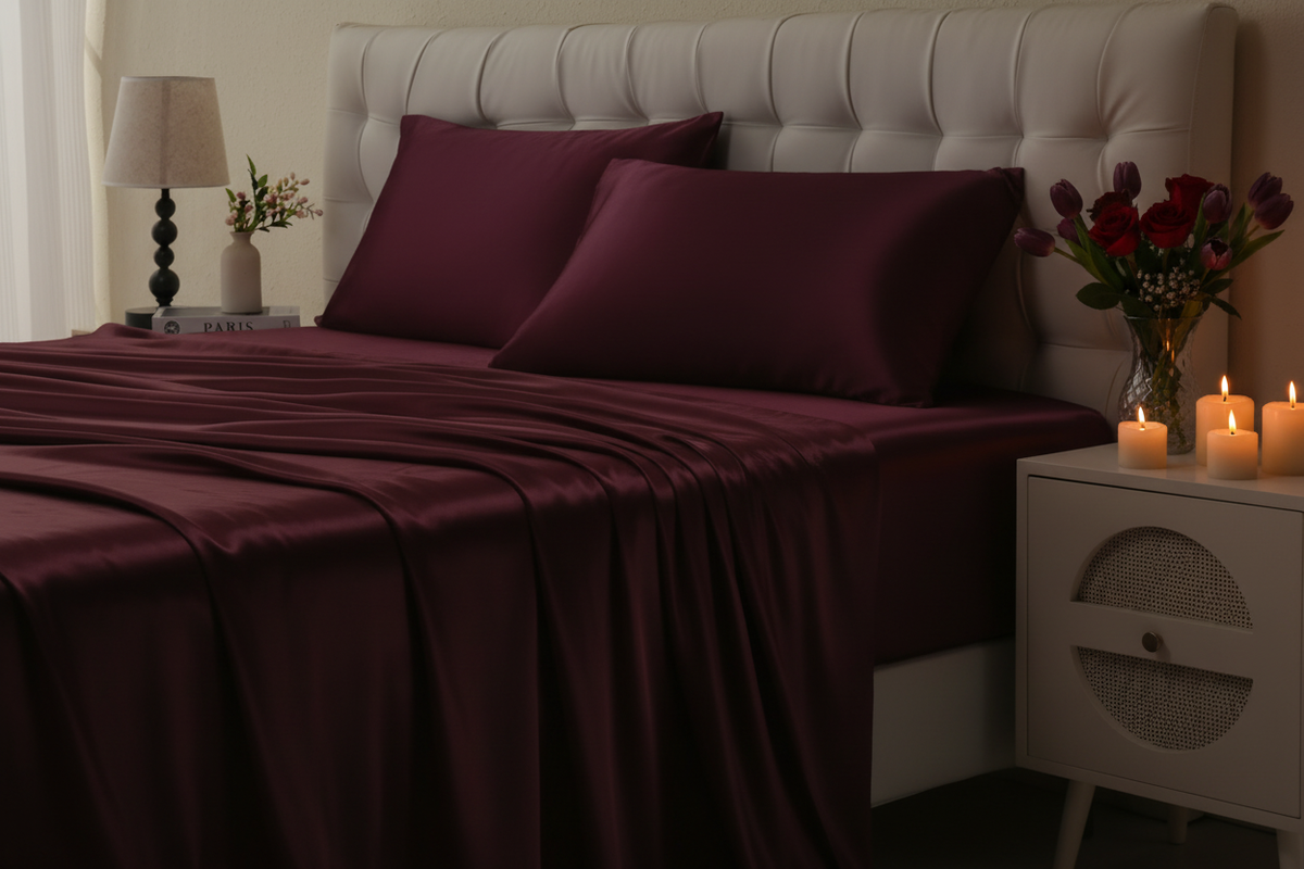 Moody luxury bedroom lifestyle shot with burgundy satin sheets and warm ambient lighting