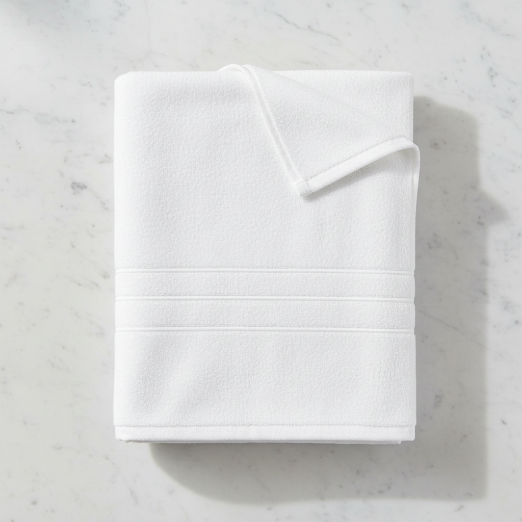 Two white Turkish cotton bath sheets folded and stacked, flat lay view on white marble surface