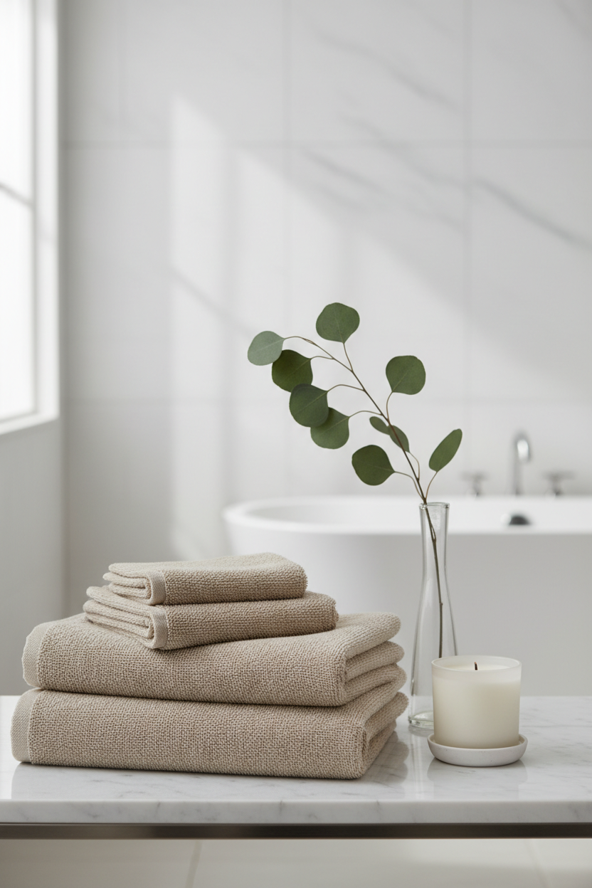 Four beige 700 GSM combed cotton bath towels stacked on white marble shelf with eucalyptus and candle